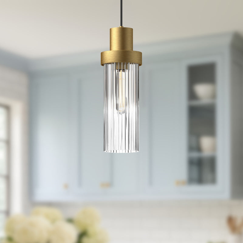 Alora Mood Kent 1-Light 5in Pendant | Classic Brushed Gold & Clear Ribbed Glass | Kitchen Island & Dining Room | 14.75in H, 5in | Model PD435605BGCR