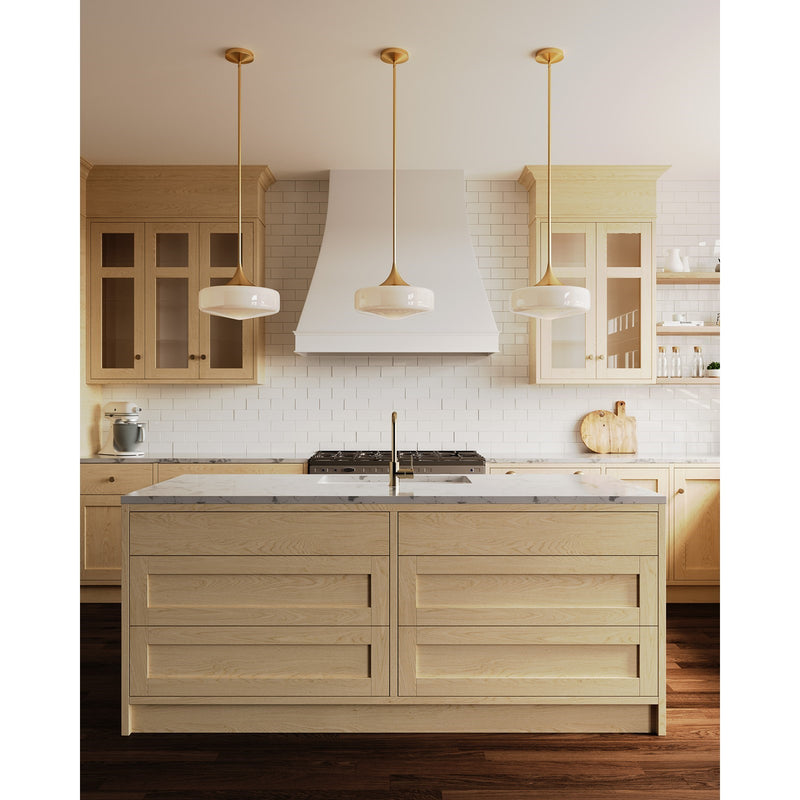 Kuzco Lincoln 14in 1-Light Pendant | Schoolhouse Aged Gold and Glossy Opal Glass | Kitchen Island & Dining Room | 14 x 10 in | Model PD440814AGGO