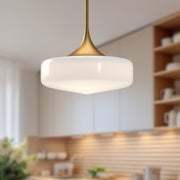 Kuzco Lincoln 14in 1-Light Pendant | Schoolhouse Aged Gold and Glossy Opal Glass | Kitchen Island & Dining Room | 14 x 10 in | Model PD440814AGGO