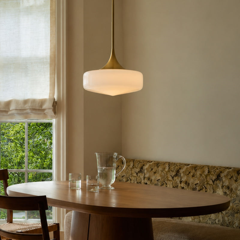 Kuzco Lincoln 14in 1-Light Pendant | Schoolhouse Aged Gold and Glossy Opal Glass | Kitchen Island & Dining Room | 14 x 10 in | Model PD440814AGGO