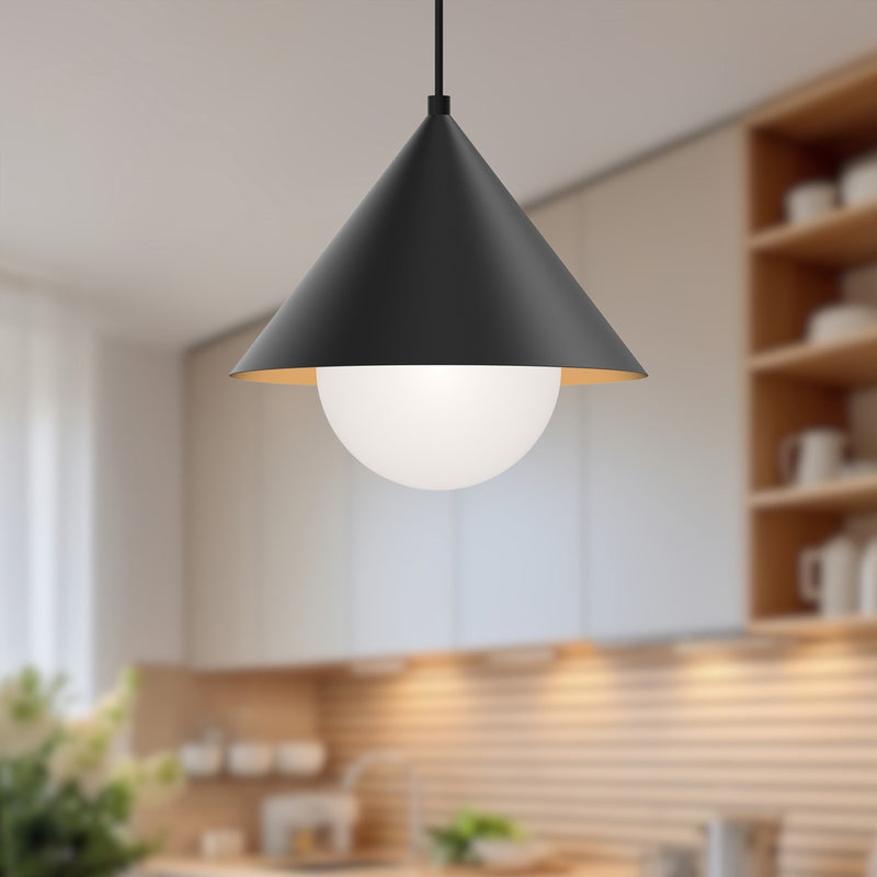 Kuzco Remy 14in 1-Light Pendant | Matte Black Steel and Opal Glass | Kitchen Island & Dining Room | Model PD485214MBOP