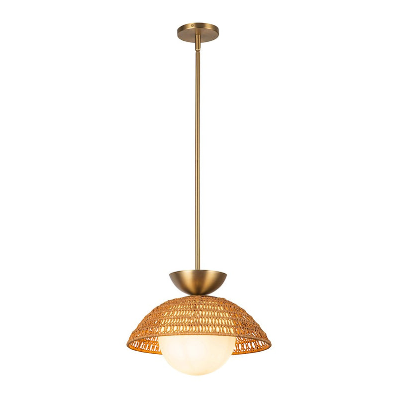 Kuzco Perth 14in 1-Light Pendant | Brushed Gold Steel and Rattan with Opal Glass | Covered Patio & Indoor | 14.75 x 10.38 in | Model PD490114BGOP