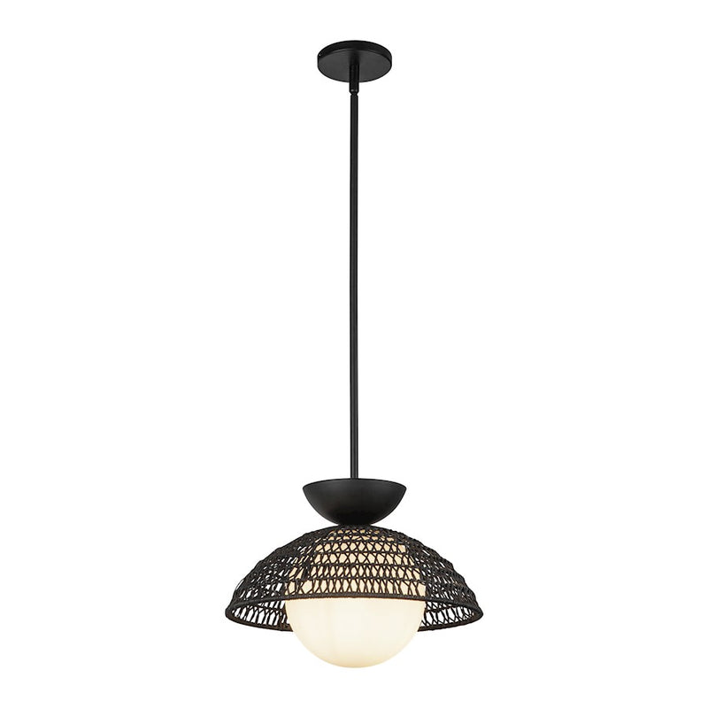 Kuzco Perth 14.75in 1-Light Pendant | Mid-Century Matte Black Steel and Opal Glass Rattan Shade | Covered Patio & Indoor Retreat | Model PD490114MBOP