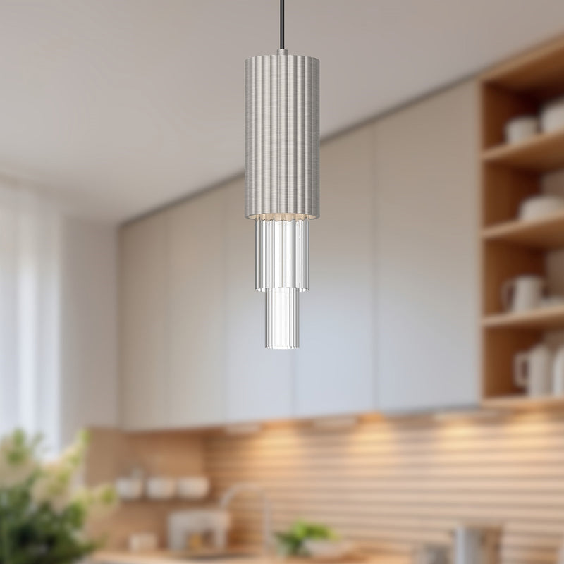 Kuzco Bordeaux 4in 1-Light LED Pendant | Brushed Nickel and Clear Ribbed Glass | Kitchen Island & Dining Room | 17.12 x 4.38 in | Model PD502204BNCR