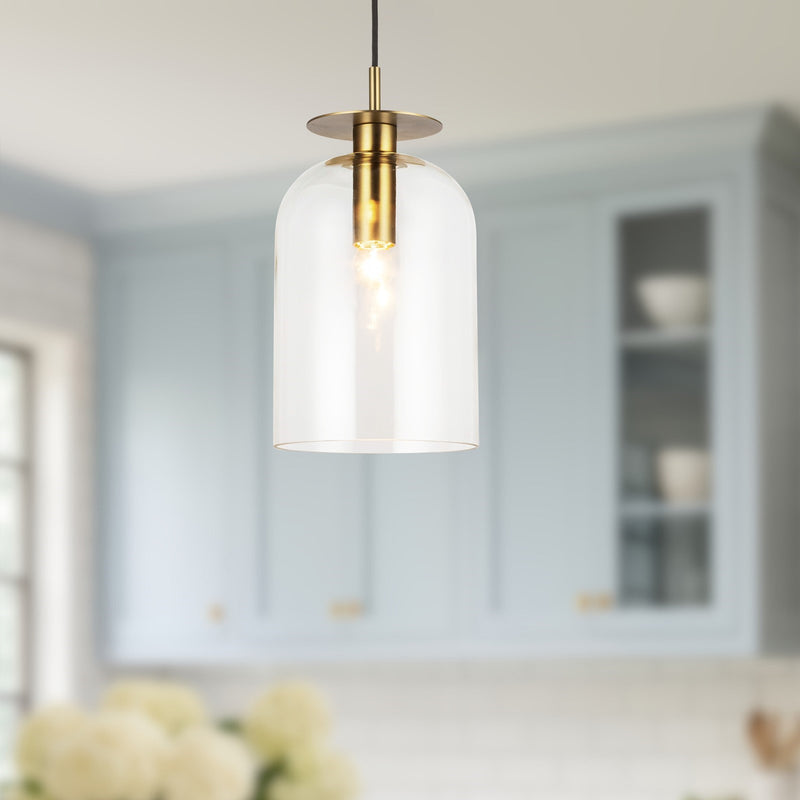 Kuzco Sylvia 8in 1-Light Pendant | Brushed Gold Steel and Clear Glass | Kitchen Island & Dining Room | 15.12 x 8 in | Model PD515408BGCL