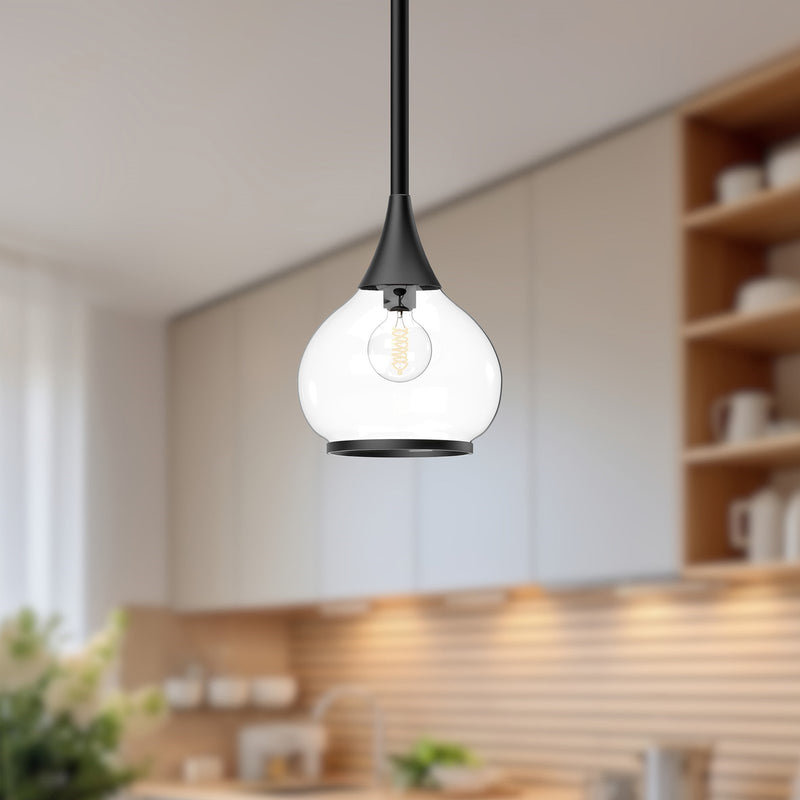 Kuzco Hazel 6in 1-Light Pendant | Clear Glass and Matte Black Metal | Kitchen Island & Dining Room | 6.62 x 6.62 x 8.38 in | Model PD524006MBCL