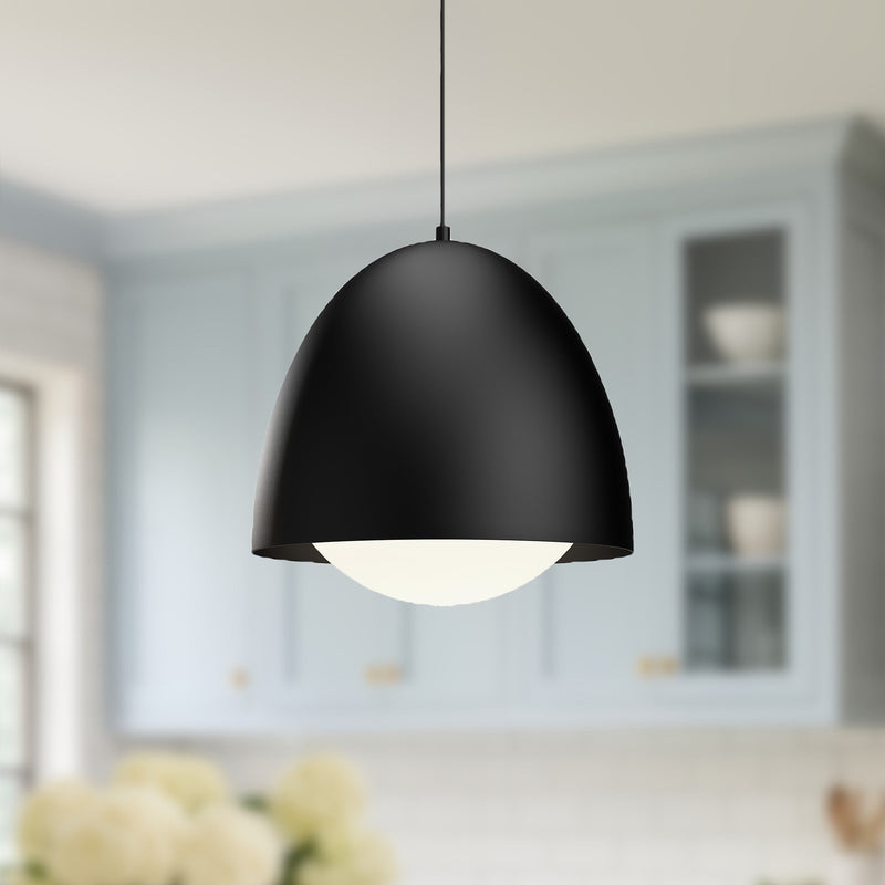 Kuzco Kenji 16in 1-Light Pendant | Matte Black and Opal Glass | Japandi Style | Kitchen Island & Dining Room | 16 in H | Model PD529116MBOP