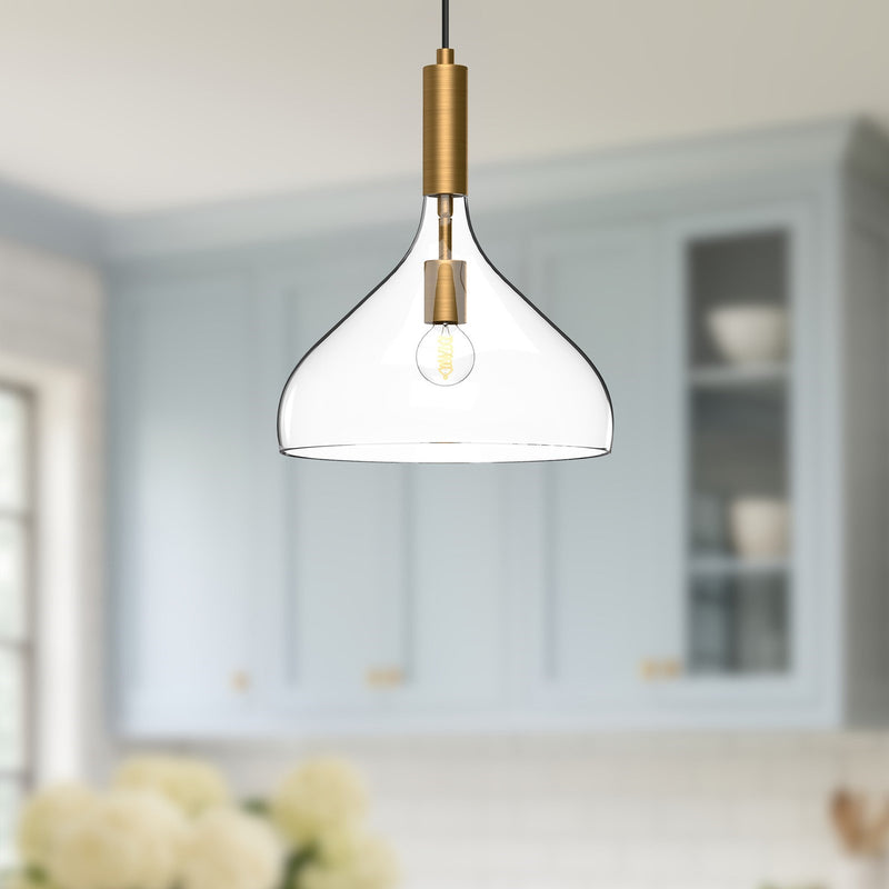 Kuzco Belleview 12in 1-Light Pendant | Aged Gold Metal and Clear Opal Glass | Kitchen Island & Dining Room | 14.25 x 11.88 in | Model PD532312AGCL