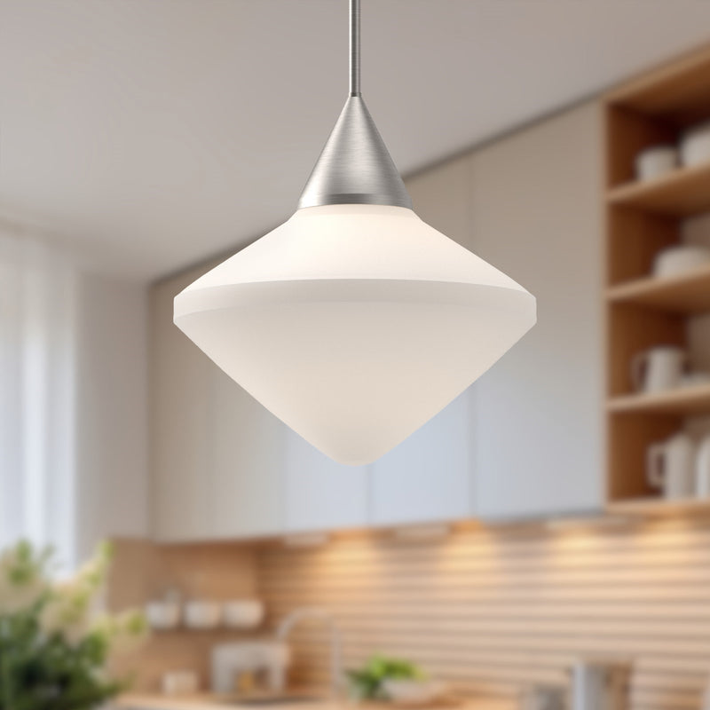 Kuzco Alora Mood Nora 14in 1-Light Pendant | Modern Brushed Nickel and Opal Matte Glass | Kitchen Island & Dining Room | Model PD537714BNOP