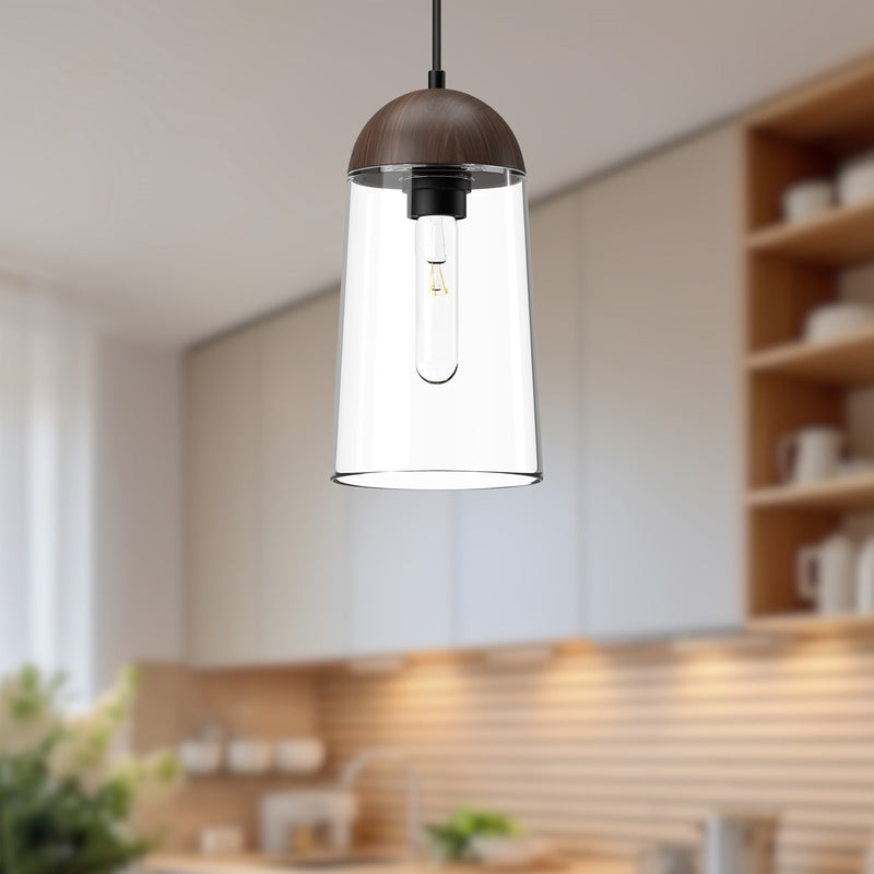 Kuzco Emil 6in 1-Light Pendant | Matte Black and Walnut Wood with Clear Glass | Kitchen Island & Dining Room | 11.5 x 6 in | Model PD542207MBWT