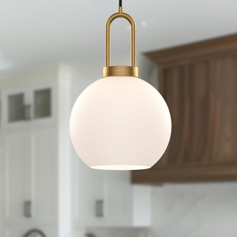 Kuzco Soji 8in 1-Light Pendant | Japanese-Inspired Aged Gold and Opal Matte Glass | Kitchen Island & Dining Room | 12.5 x 7.88 in | Model PD601608AGOP