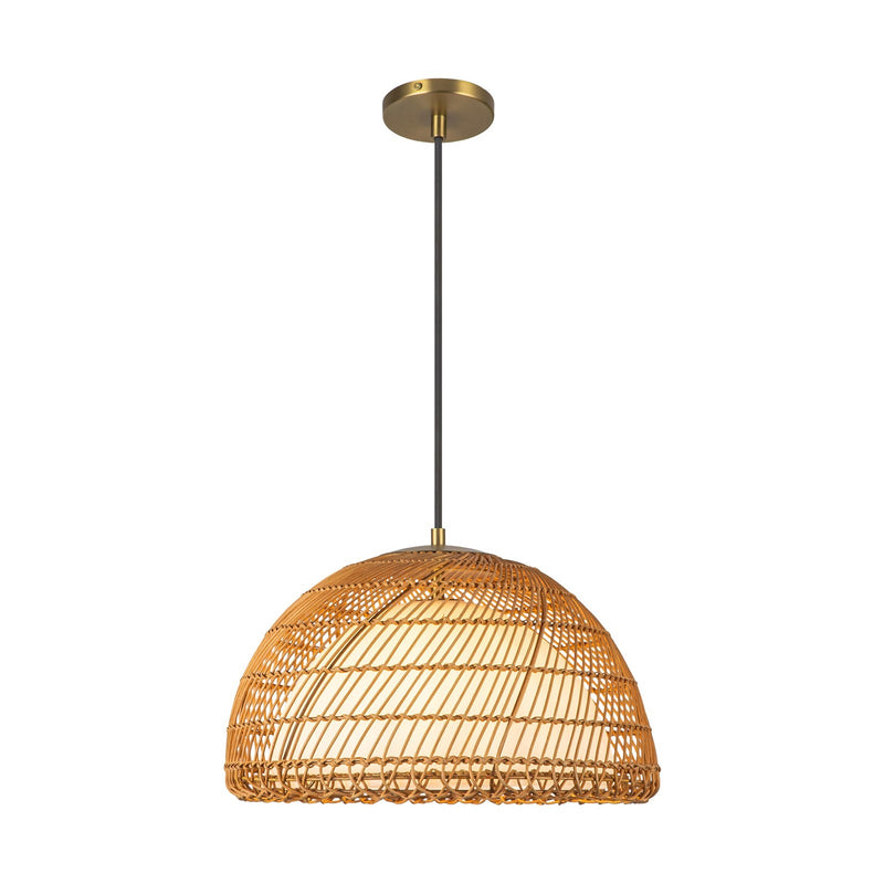 Kuzco Bondi 16in 1-Light Pendant | Coastal Brushed Gold Steel and Natural Rattan with Opal Glass | Covered Patio & Dining Room | Model PD631416BGOP