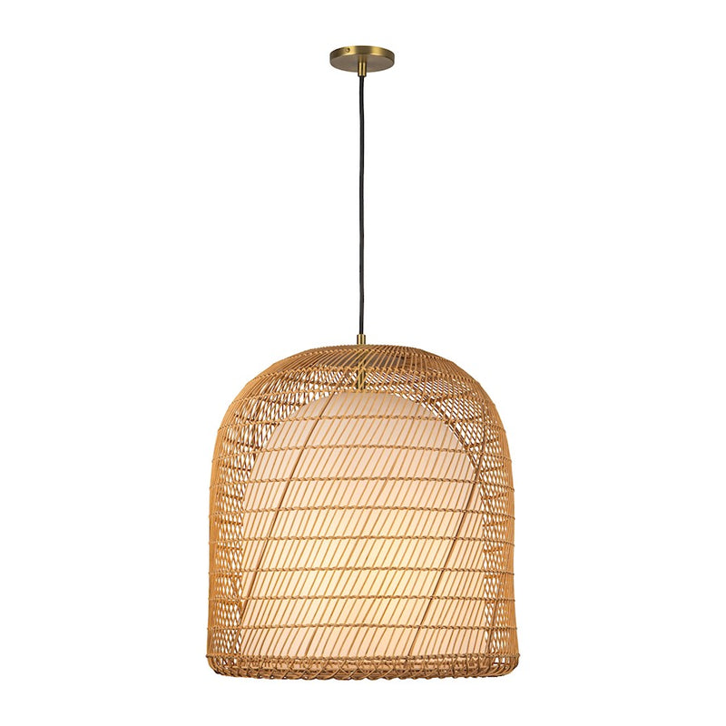 Kuzco Bondi 20in 1-Light Pendant | Coastal Brushed Gold Steel and Natural Rattan with Opal Glass | Covered Patio & Indoor Living | Model PD631920BGOP