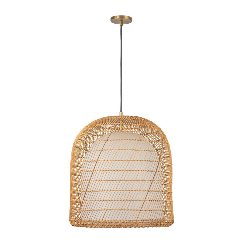 Kuzco Bondi 20in 1-Light Pendant | Coastal Brushed Gold Steel and Natural Rattan with Opal Glass | Covered Patio & Indoor Living | Model PD631920BGOP