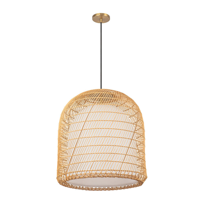 Kuzco Bondi 20in 1-Light Pendant | Coastal Brushed Gold Steel and Natural Rattan with Opal Glass | Covered Patio & Indoor Living | Model PD631920BGOP