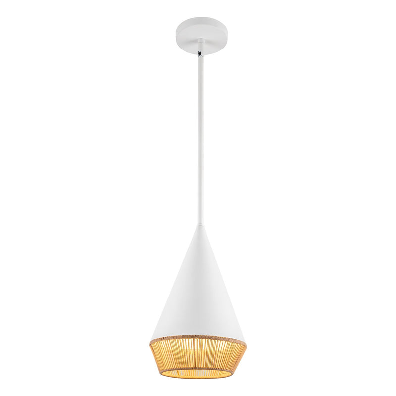 Kuzco Daphne 7in 1-Light Pendant | Mid-Century White Steel and Brown Cotton Rope | Covered Patio & Kitchen Island | Model PD633107WHBR