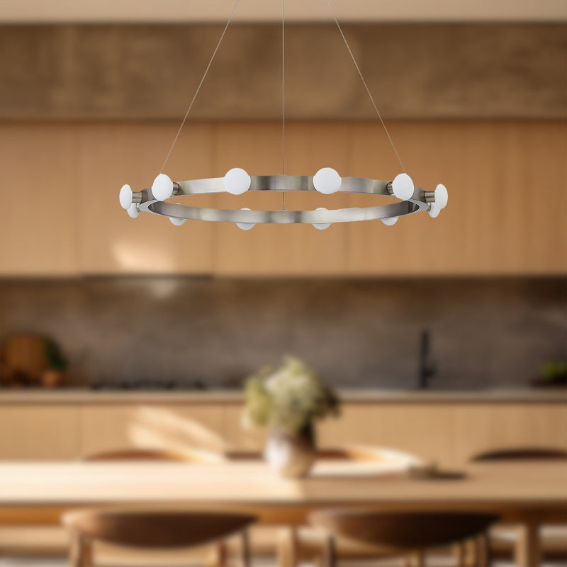 Kuzco Rezz 28in LED Pendant | Hollywood Glam Brushed Nickel Frame and Opal Glass Diffuser | Kitchen Island & Dining Room | Model PD63428-BN