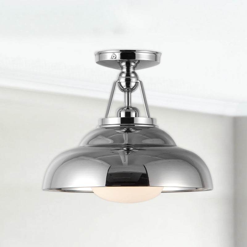 Kuzco Palmetto 12in 1-Light Semi Flush Mount | Vintage Industrial Polished Nickel Steel and Glossy Opal Glass | Entryway | Model SF344012PNGO
