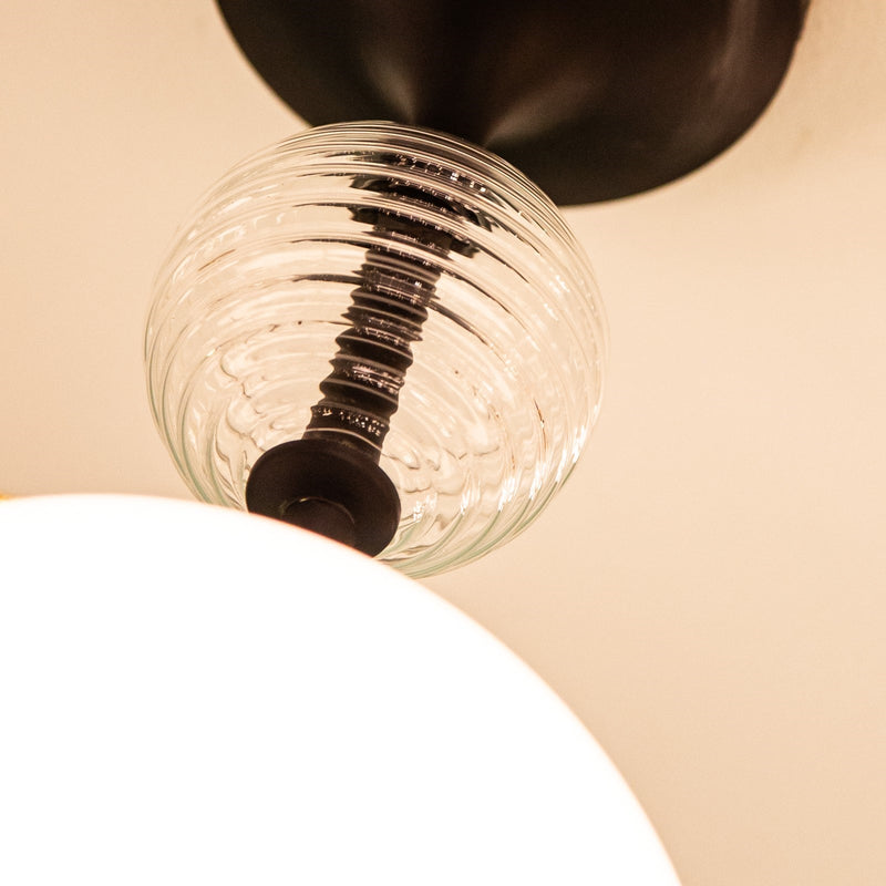 Kuzco Celia 1-Light Semi-Flush Mount | Matte Black Steel and Opal Matte/Clear Ribbed Glass | Bedroom & Hallway Ceiling Light | Model SF415308MBOP