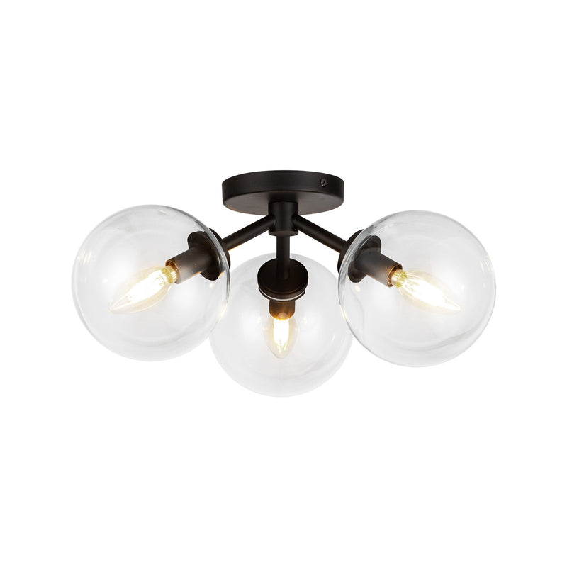 Kuzco Cassia 15in 3-Light Semi-Flush Mount | Mid-Century Matte Black Steel and Clear Glass | Living Room & Bedroom | Model SF549315MBCL