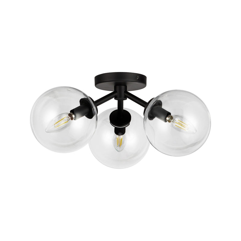 Kuzco Cassia 15in 3-Light Semi-Flush Mount | Mid-Century Matte Black Steel and Clear Glass | Living Room & Bedroom | Model SF549315MBCL