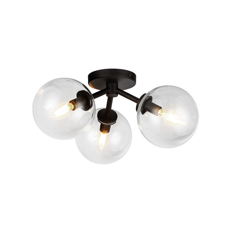 Kuzco Cassia 15in 3-Light Semi-Flush Mount | Mid-Century Matte Black Steel and Clear Glass | Living Room & Bedroom | Model SF549315MBCL
