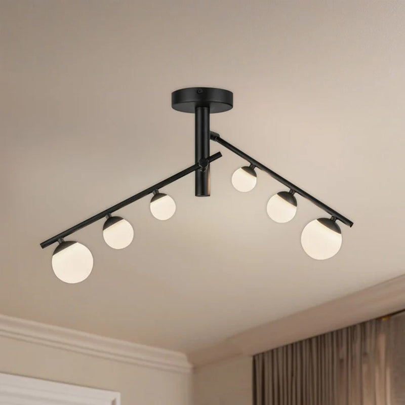 Kuzco Juniper 2-Head LED Semi-Flush Mount | Modern Black and Opal Glass | Living Room & Bedroom | 1530lm 3000K Dimmable | Model SF55525-BK-OP