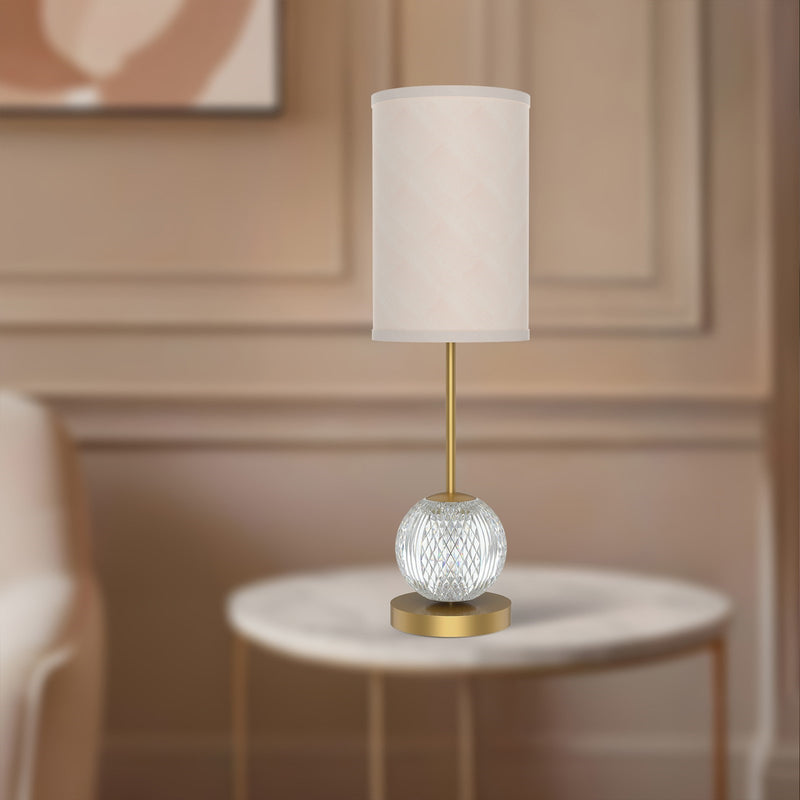 Kuzco Marni 21in LED Table Lamp | Glam Natural Brass and White Linen with Clear Carved Acrylic | Bedroom & Living Room | 850lm | Model TL321201NBWL