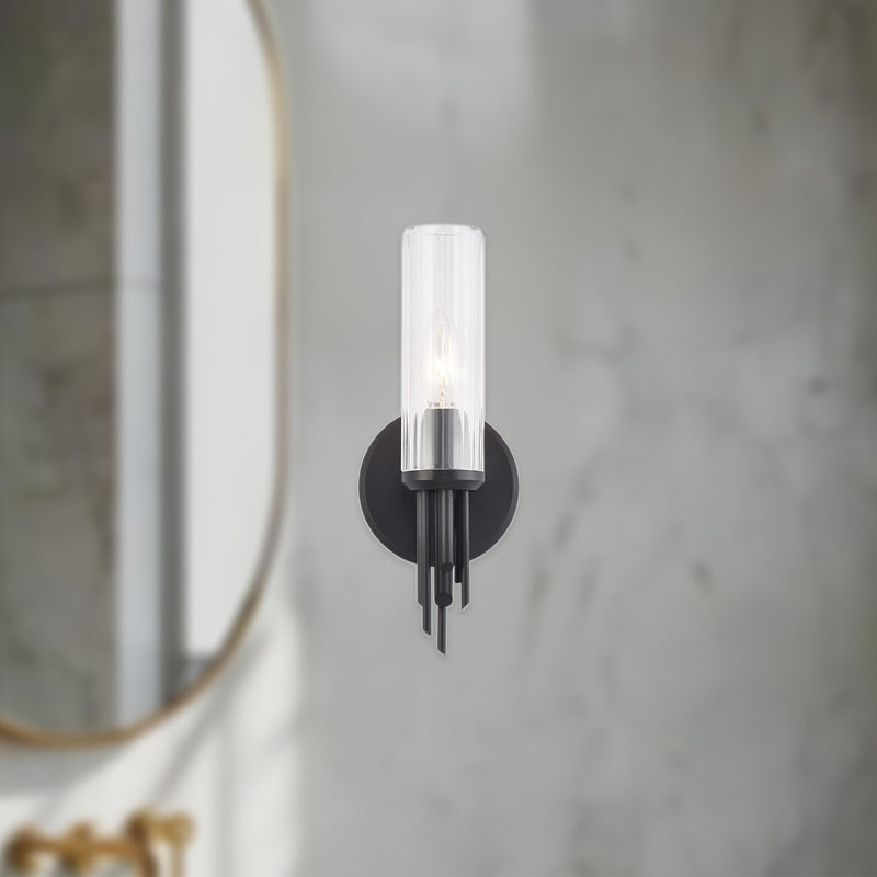 Kuzco Torres 1-Light 3in Wall Sconce | Brutalist Matte Black Metal and Clear Ribbed Glass | Bathroom Vanity & Hallway | Model WV335103MBCR