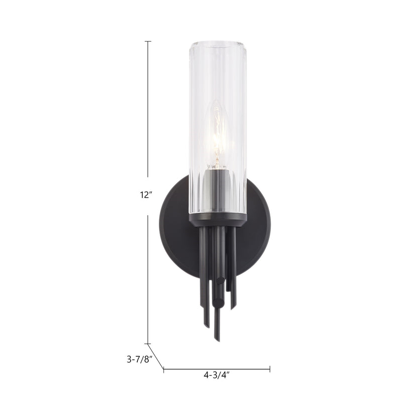 Kuzco Torres 1-Light 3in Wall Sconce | Brutalist Matte Black Metal and Clear Ribbed Glass | Bathroom Vanity & Hallway | Model WV335103MBCR