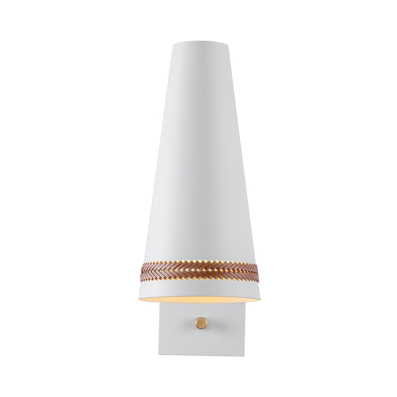 Kuzco Brickell 1-Light 5in Wall Sconce | Matte White Steel and Hazelnut Leather | Mid-Century Bathroom Vanity & Living Room | Model WV342105MWHL