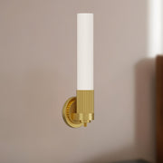 Kuzco Alora Mood Rue 1-Light 5in Wall Vanity | Modern Brushed Gold Steel and Glossy Opal Glass | Bathroom & Powder Room | Model WV416101BG