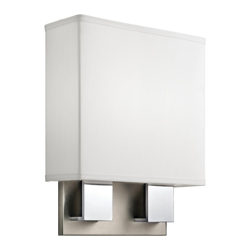 Kichler 11in 1-Light Wall Sconce | Brushed Nickel & Chrome and White Linen White Acrylic | Hallway & Living Room | 11 x 14.25 in | Model 10439NCHLED