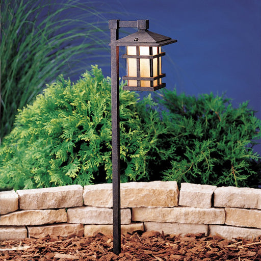 Kichler Cross Creek 1-Light Path Light 12V | Aged Bronze Aluminum and Amber Seedy Linen Glass | Pathway & Garden Accent | Model 15322AGZ