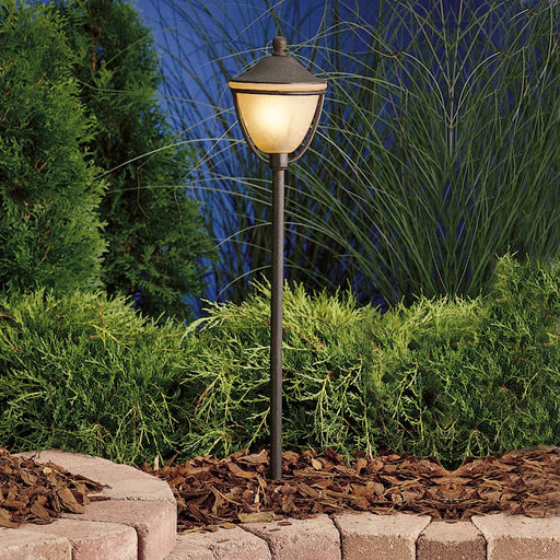 Kichler Round Lantern 1-Light Landscape Light | Textured Tannery Bronze and Etched Sunset Glass | Outdoor Pathway & Garden | Model 15367TZT