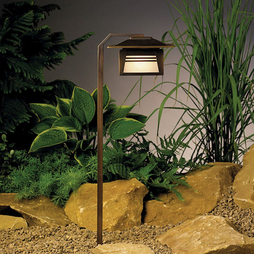 Kichler Zen Garden 24in 1-Light Landscape Path Light | Contemporary Olde Bronze and Textured Amber Seedy Linen Glass | Garden | Model 15391OZ