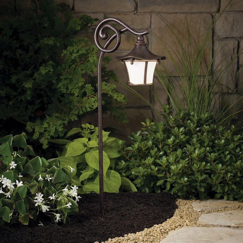 Kichler Cotswold 1-Light Path Light 12V | Aged Bronze and Weathered White Glass | Outdoor Landscape & Pathway | 9 x 6 x 25 in | Model 15420AGZ
