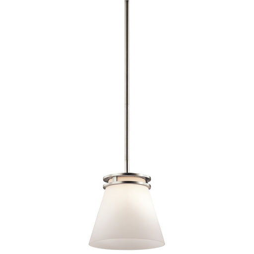 Kichler Hendrik 8in 1-Light Mini Pendant | Contemporary Brushed Nickel and Satin Etched Opal Glass | Kitchen Island & Dining Room | Model 1687NI