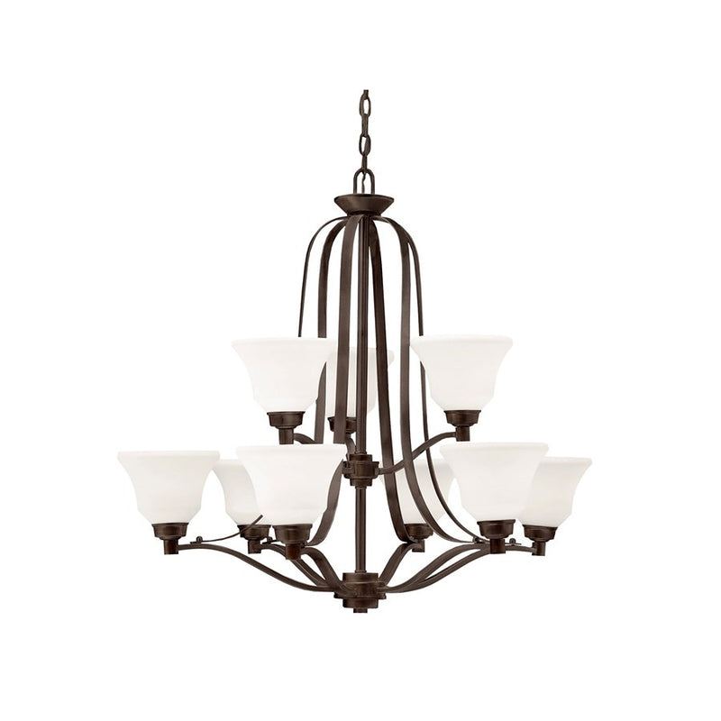 Kichler Langford 33in 9-Light LED Chandelier | Olde Bronze Steel and Satin Etched Glass | Dining Room & Foyer | 33 x 33 x 30 in | Model 1784OZL18