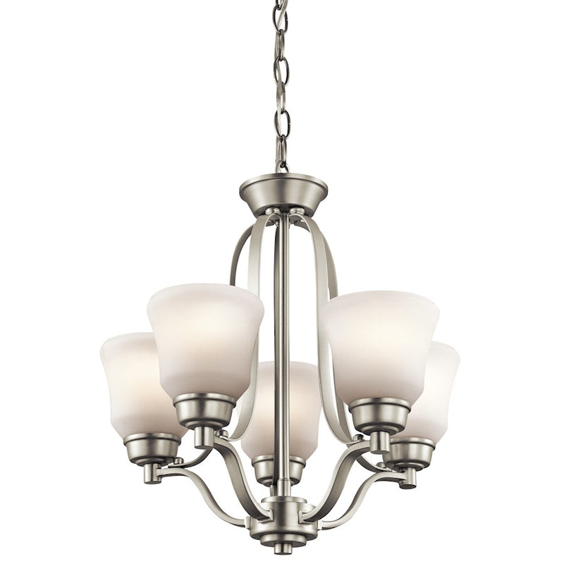 Kichler Langford 16in 5-Light Mini Chandelier | Transitional Brushed Nickel and Satin Etched White | Dining Room & Kitchen Island | Model 1788NI