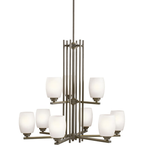 Kichler Eileen 30in 9-Light Chandelier | Contemporary Olde Bronze and Satin Etched Cased Opal Glass | Dining Room & Foyer | 30 x 28 in | Model 1897OZS