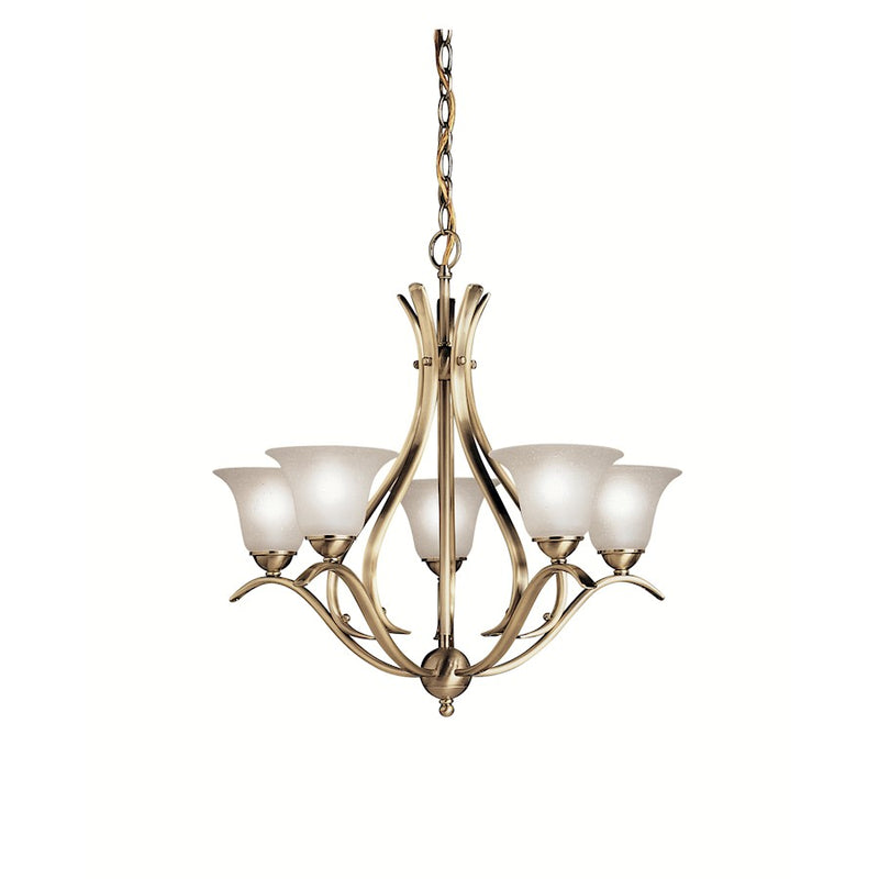 Kichler Dover 24in 5-Light Chandelier | Transitional Antique Brass and Etched Seeded Glass | Dining Room & Foyer | 24 x 23 in | Model 2020AB
