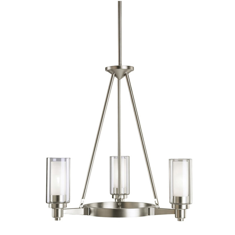 Kichler Circolo 22in 3-Light Chandelier | Contemporary Brushed Nickel and Clear Glass with Etched Opal | Dining Room & Living Room | Model 2343NI