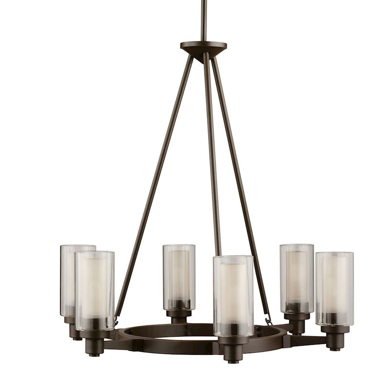 Kichler Circolo 26in 6-Light Chandelier | Contemporary Olde Bronze and Clear Cylinder with Umber Etched Center Glass | Dining Room | Model 2344OZ
