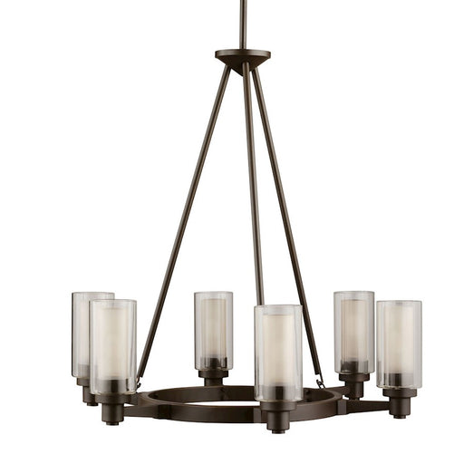 Kichler Circolo 26in 6-Light Chandelier | Contemporary Olde Bronze and Clear Cylinder with Umber Etched Center Glass | Dining Room | Model 2344OZ