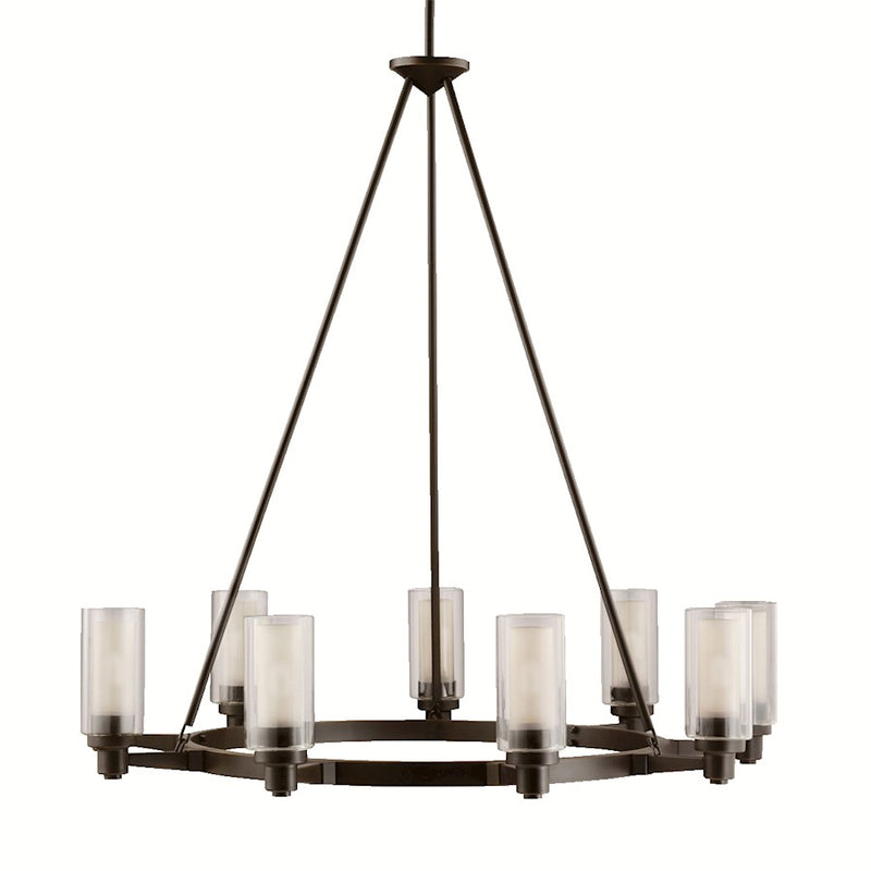 Kichler Circolo 36in 9-Light Chandelier | Contemporary Olde Bronze and Clear Cylinder with Umber Etched Glass | Dining Room & Living | Model 2346OZ
