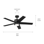 Kichler Brahm 48in Ceiling Fan | Satin Black and Etched Cased Opal Glass | Living Room & Bedroom | 48in Blade Span, 15.5in H | Model 300048SBK