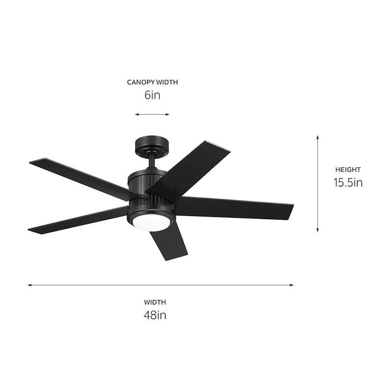 Kichler Brahm 48in Ceiling Fan | Satin Black and Etched Cased Opal Glass | Living Room & Bedroom | 48in Blade Span, 15.5in H | Model 300048SBK