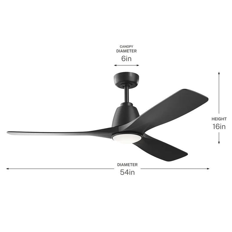 Kichler Volos II 54in 3-Blade Ceiling Fan | Matte Black Steel and Black Blades | Living Room & Bedroom | 1742 Lumens, 3000K | Model 300054-BK