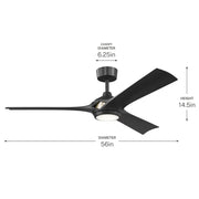 Kichler Veetra 56in 3-Blade Ceiling Fan | Modern Matte Black and Black Blades | Living Room & Bedroom | 14.5 in H | Model 300056-BK